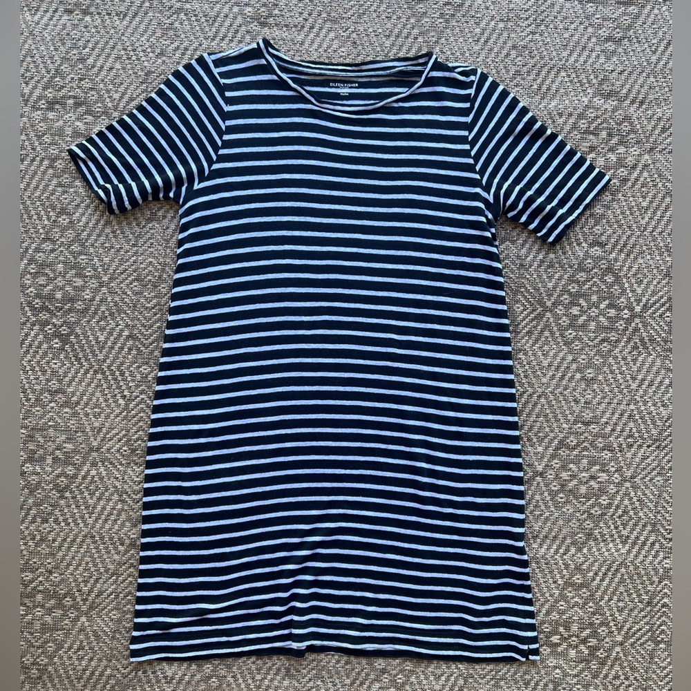 Eileen Fisher Black White‎ Striped Organic Linen T-Shirt Dress Womens Petite M